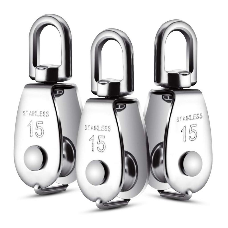 Dorhea 6 Pack 0.59" Single Pulley Block 304 Stainless Steel M15 Crane Swivel Hook Single Pulley Roller Smooth Wire Rope Cable Heavy Loading - Image 2